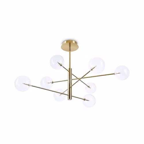 Ideal Lux EQUINOXE 8 Light Multi Arm Semi Flush Ceiling Lamp in Brass with Transparent Glass Spheres