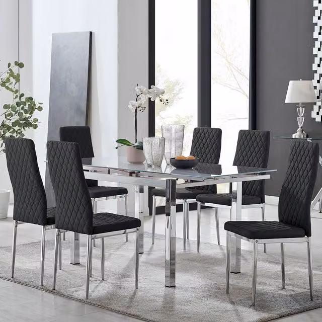 FurnitureboxUK Enna White Glass Extending Modern Kitchen Dining Table and 6 Milan Chairs in Black