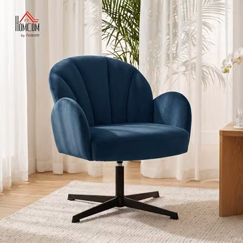 HOMCOM Modern Swivel Accent Chair in Blue Velvet-Feel Fabric with Armrests – 2