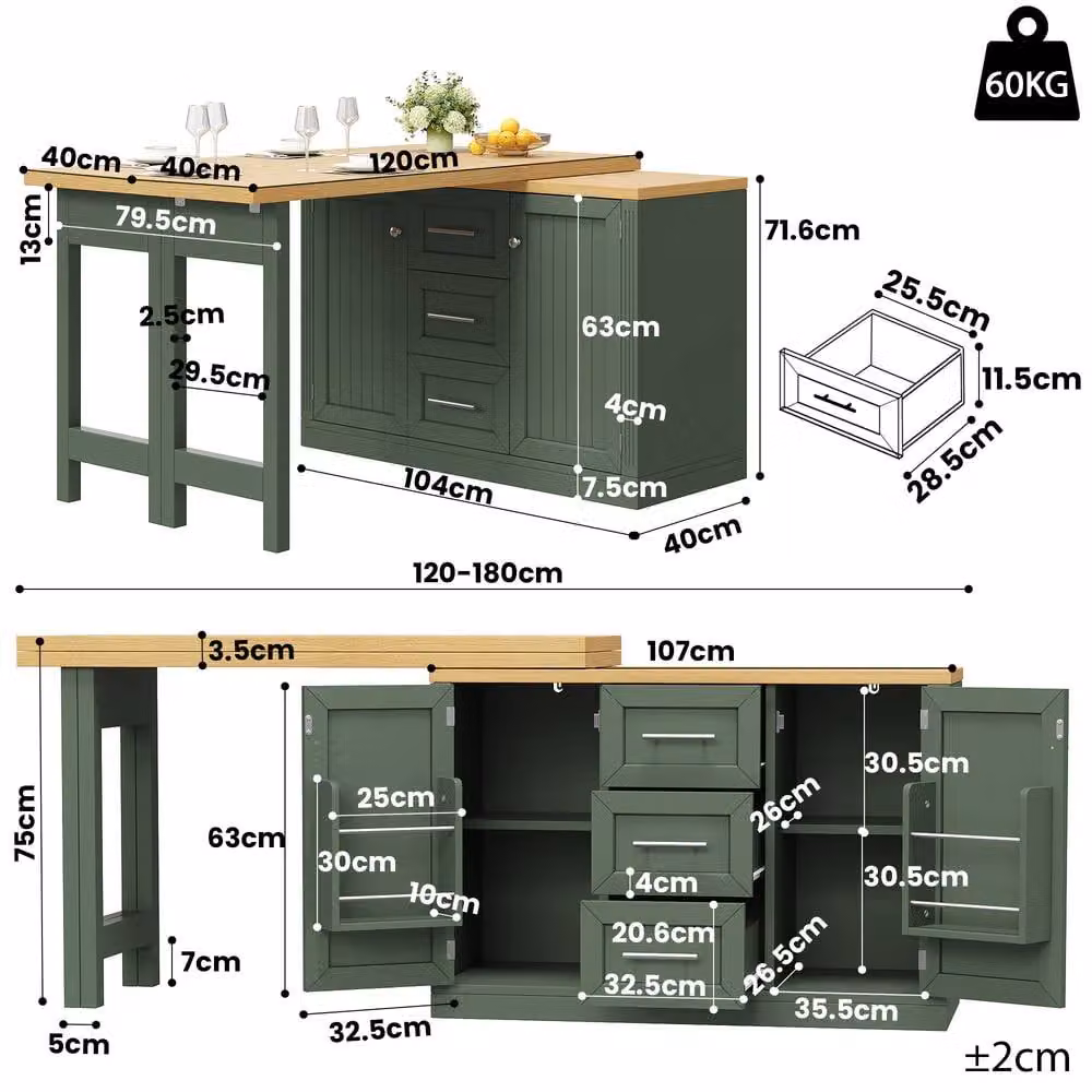 Rolipo Extendable Dining Table and Space Saving Kitchen Island in Dark Green – 3