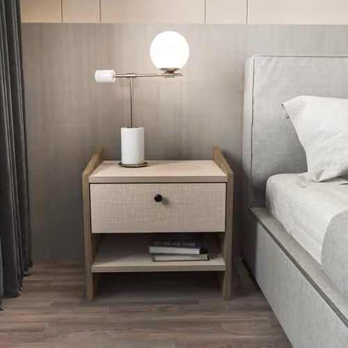 DECOROTIKA Berlin One Drawer Nightstand Bedside Table in Walnut and Beige, W: 35 cm, D: 45 cm, H: 45 cm – 1