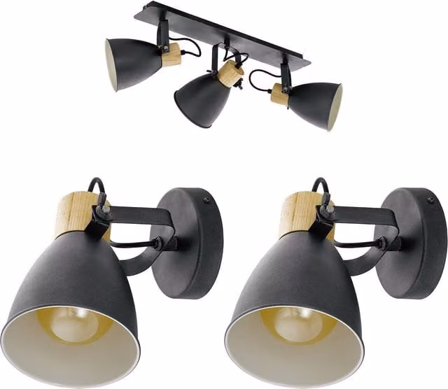 Loops Ceiling Spot Light and 2x Matching Wall Lights in Black and Wood with Adjustable Shades – 1