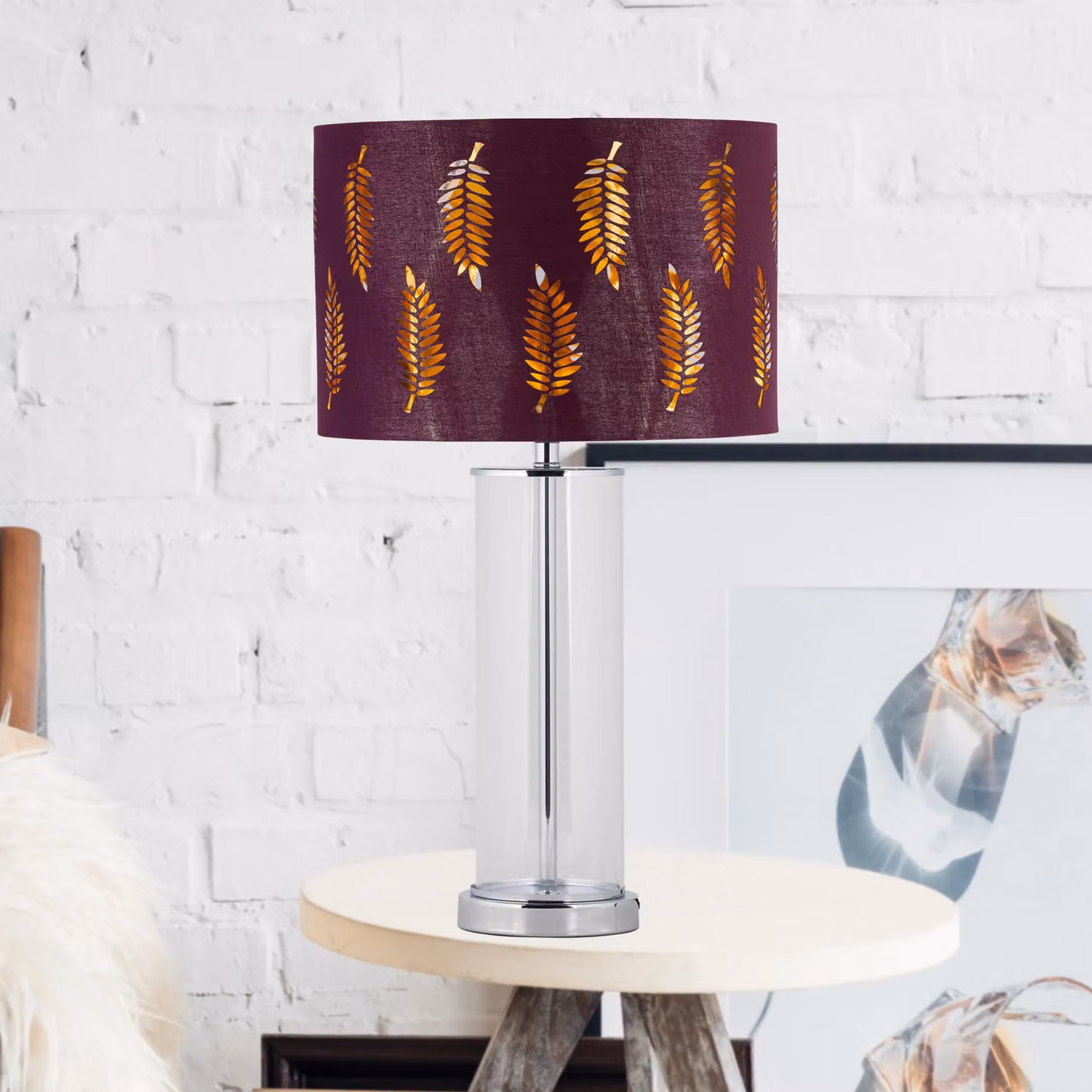 First Choice Lighting Aura Chrome Table Lamp with Burgundy Fern Cut Out Shade in Silver – 2