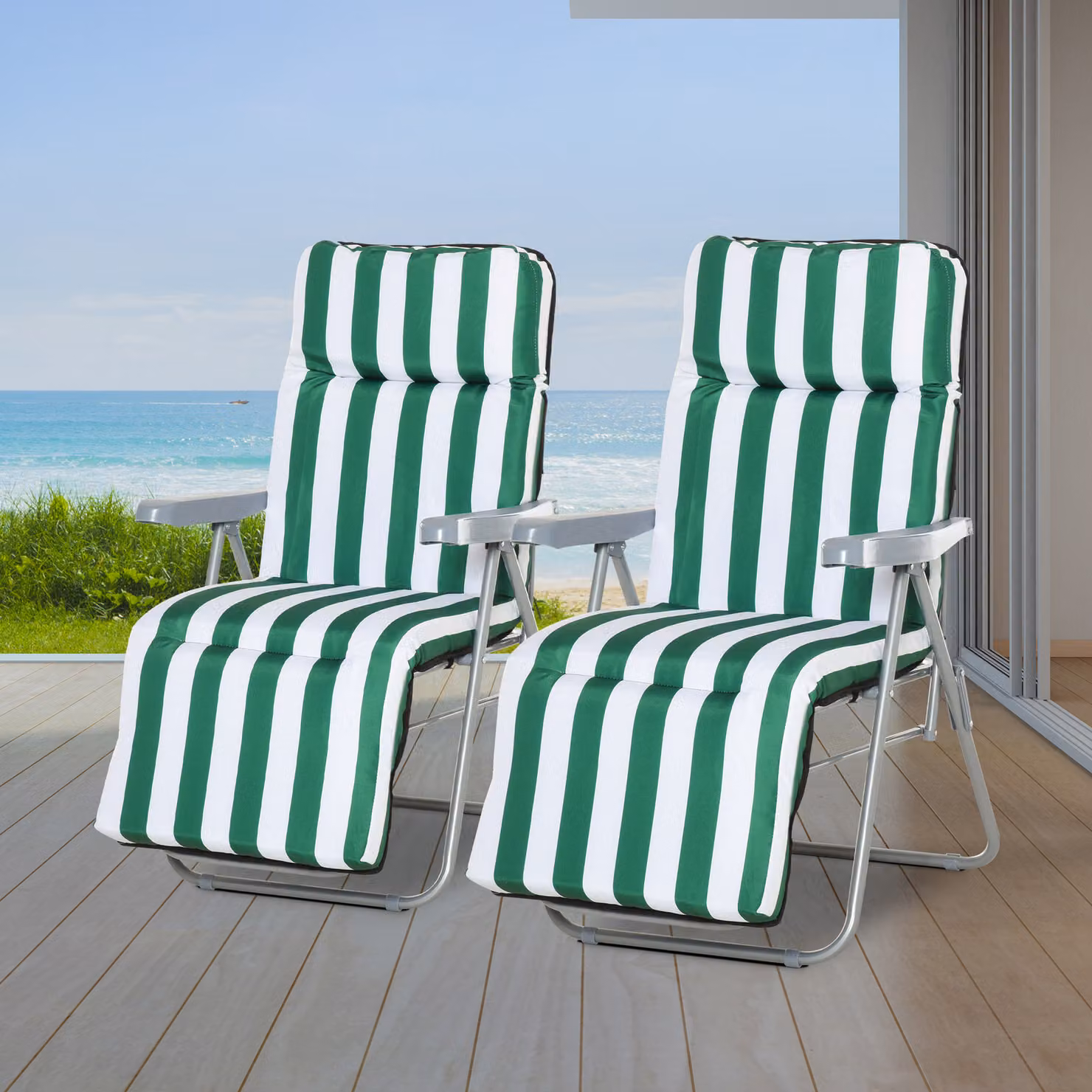 Outsunny Set of 2 Adjustable Sun Lounger Reclining Chairs with Weatherproof Cushions in Green and Grey – 2