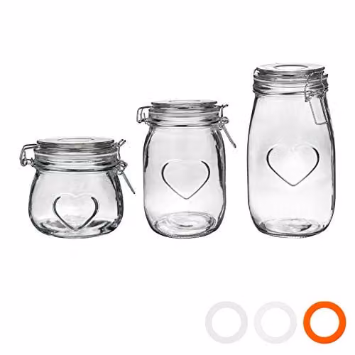 Nicola Spring Heart Design Transparent Glass Airtight Food Storage Jars with Clip Fasten, Set of 3