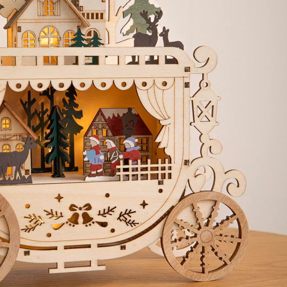 Samuel Alexander Rustic Wooden Christmas Carriage Village with Multicolour Warm White LEDs, Height: 25 cm – 3