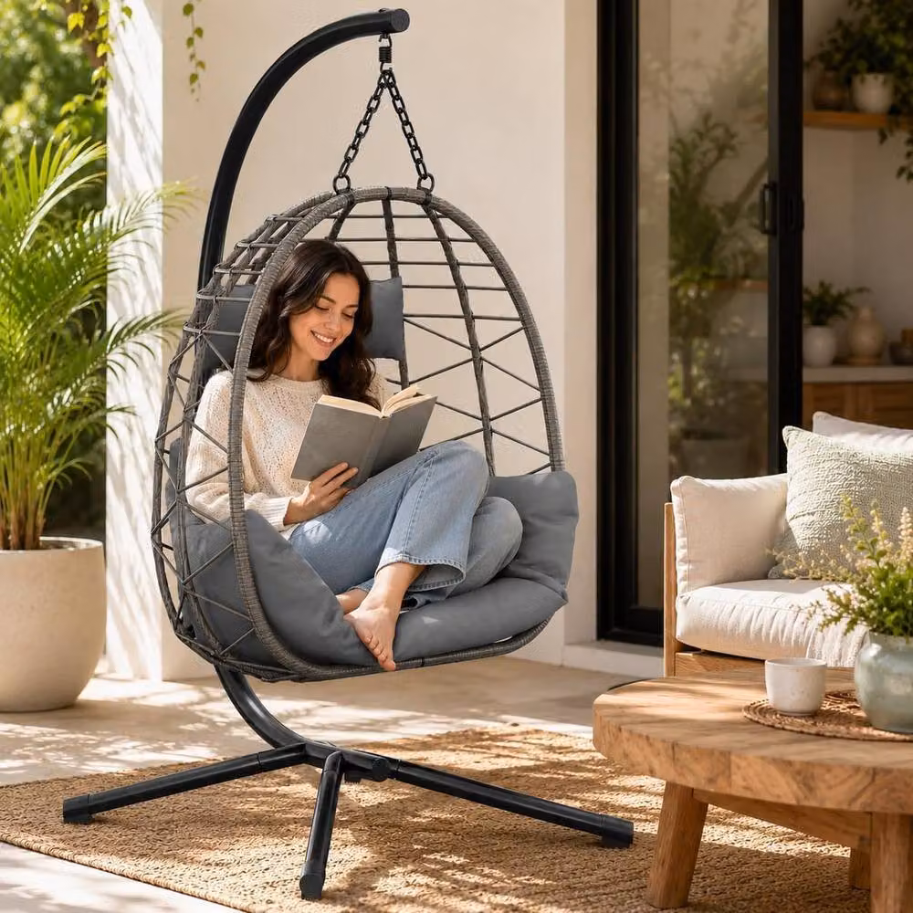 London Boutique Hanging Egg Chair with Stand, Cushions and Rain Cover in Grey – 2