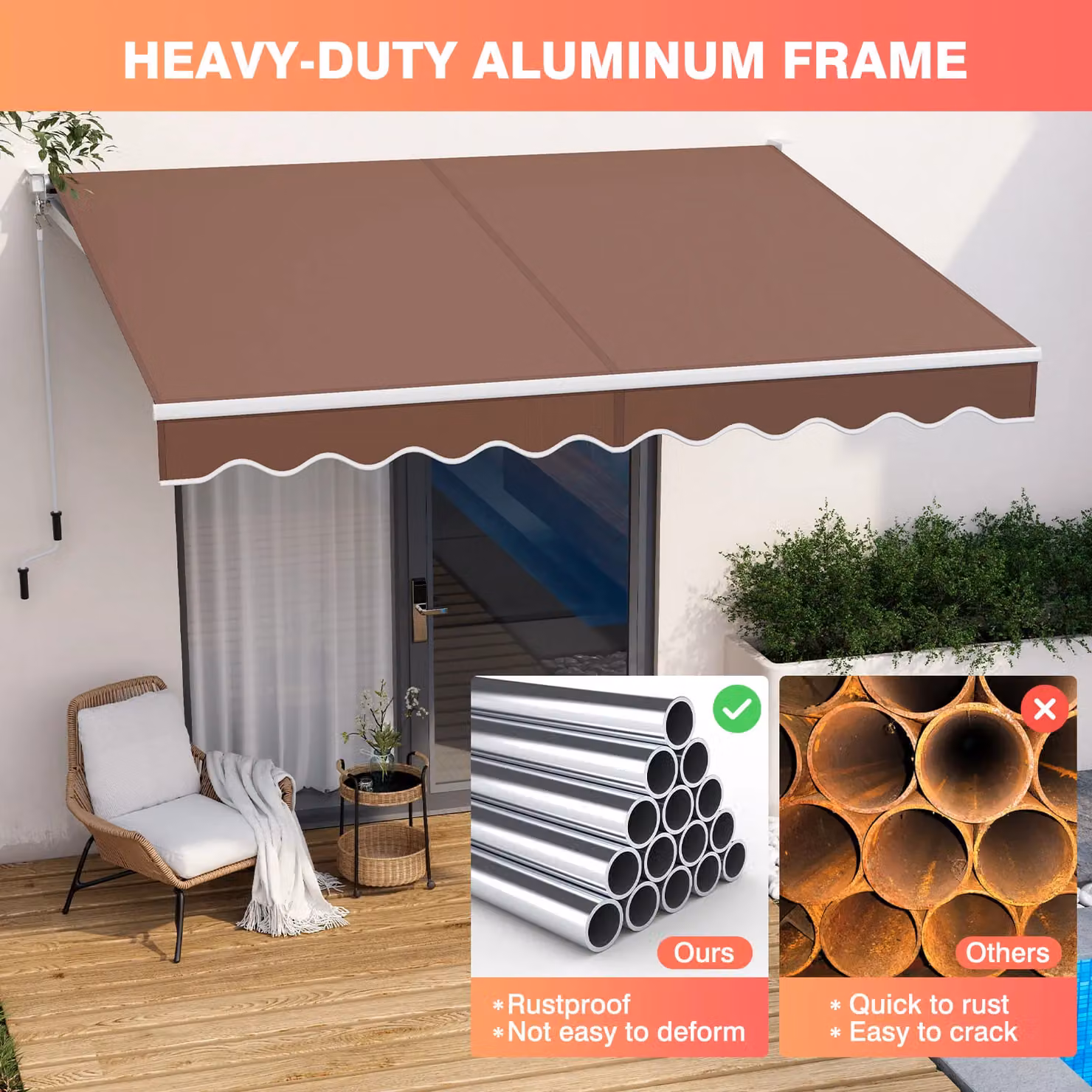Costway Retractable Aluminium Patio Sun Shade with Crank Handle and Folding Arms, Brown – 5