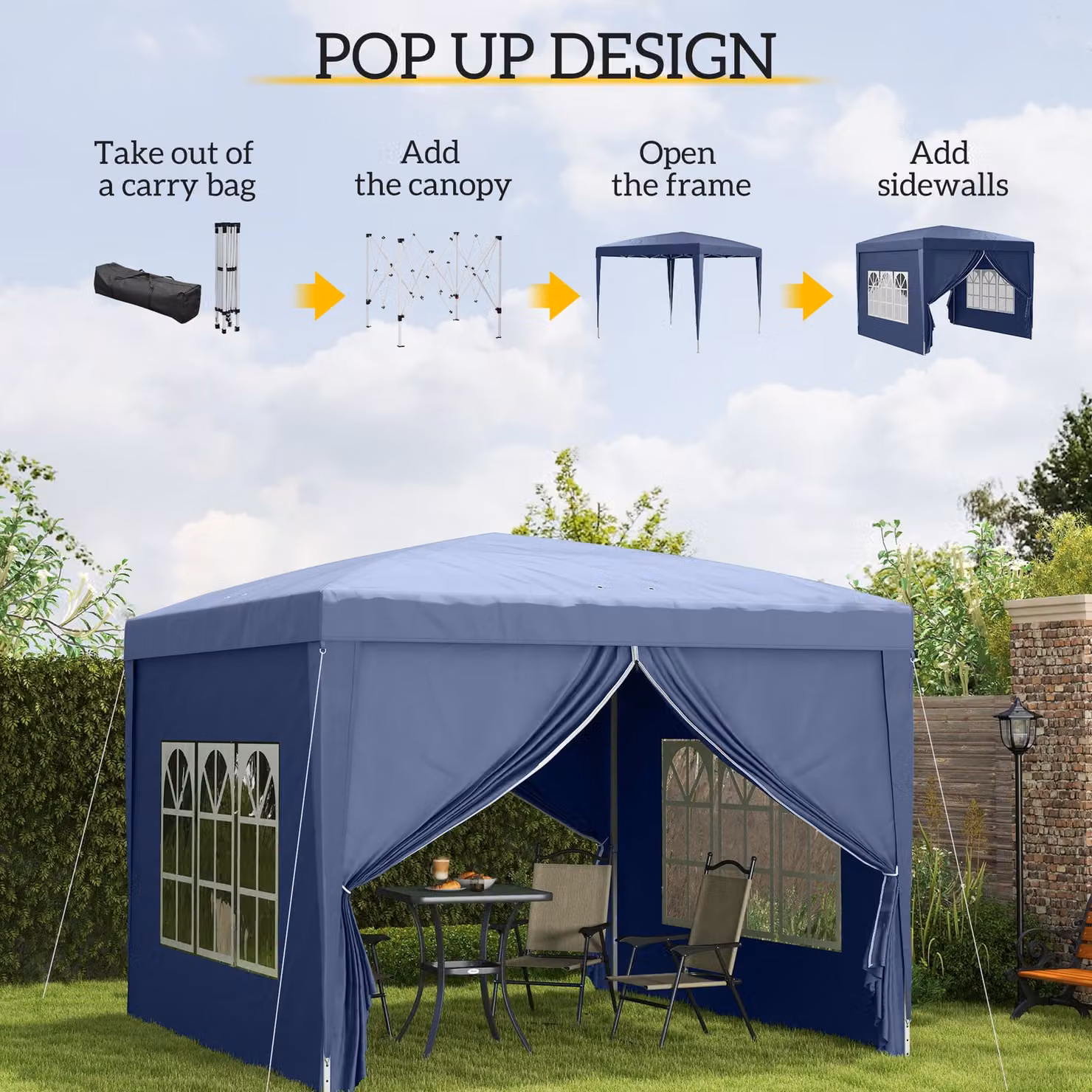 Outsunny Blue Pop Up Gazebo with Sides W: 300 cm, D: 300 cm, H: 196 cm – 3