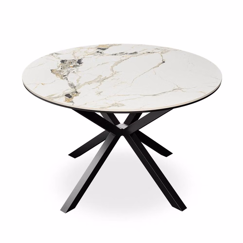 More4Homes Calne Calcutta Gold Ceramic Round Dining Table and 4 Raye Black Velvet Chairs, Diameter: 120 cm, Height: 75 cm – 2