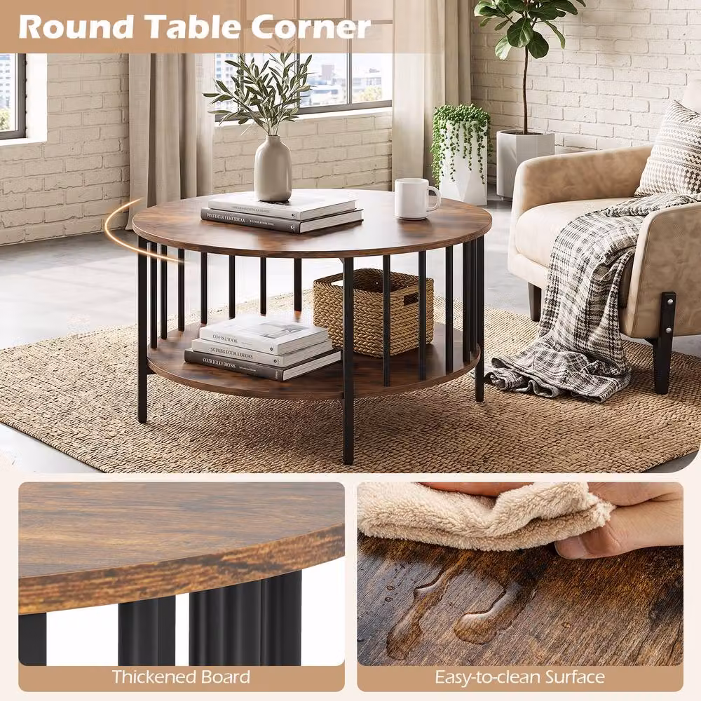 Gymax 2-Tier Round Coffee Table in Brown – 6