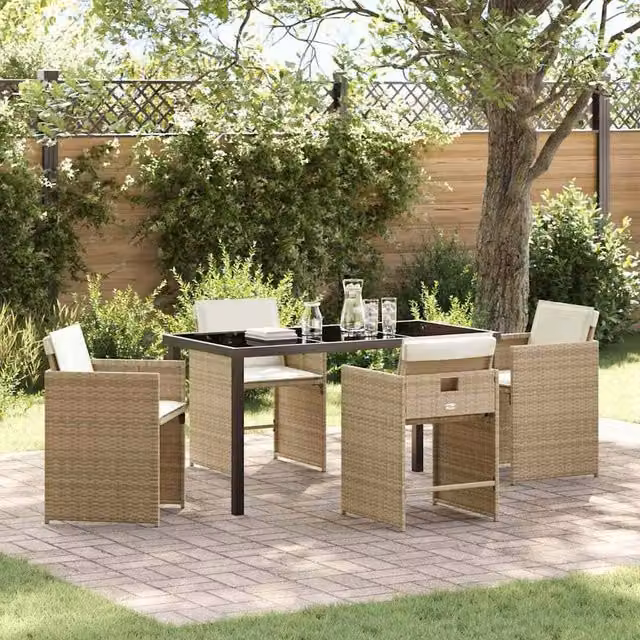 Berkfield Home 5 Piece Modern Garden Dining Set in Beige Poly Rattan with Glass Top