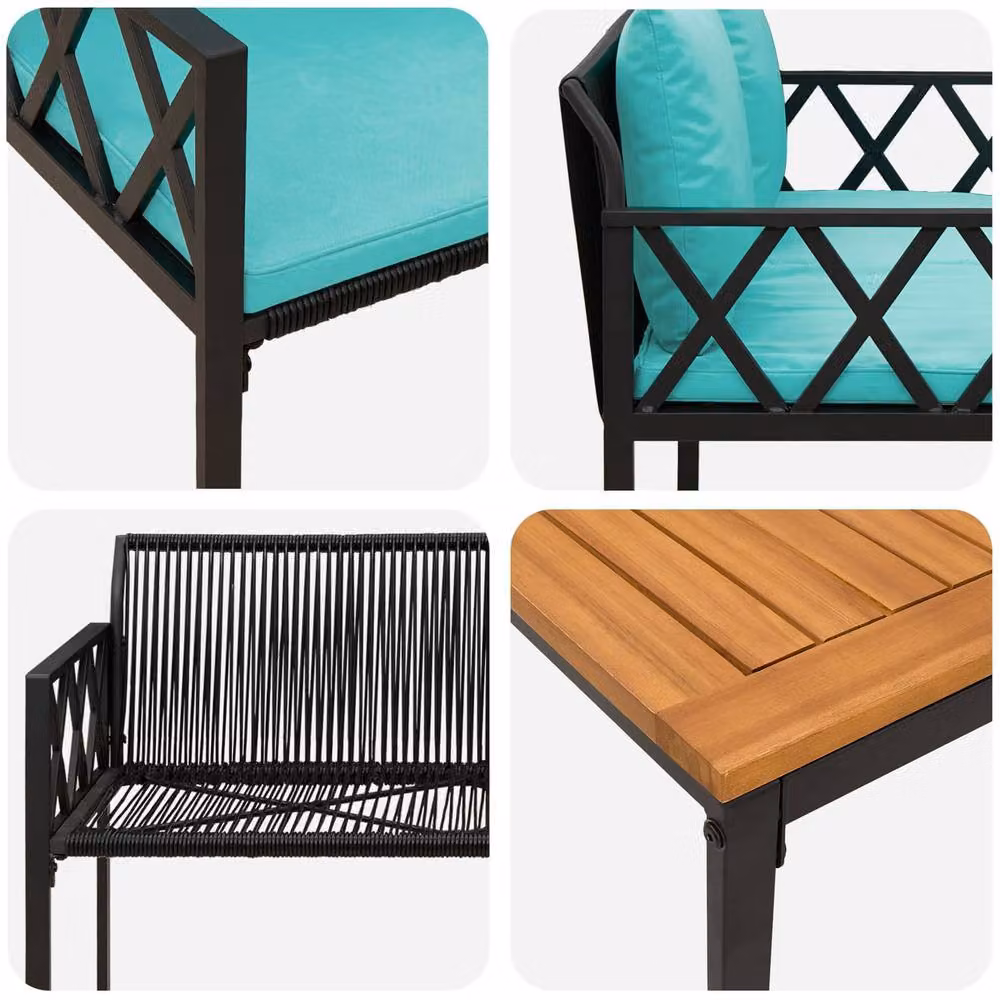 Berkfield Home 4 Piece Outdoor Furniture Set in Black and Turquoise Poly Rattan – 3