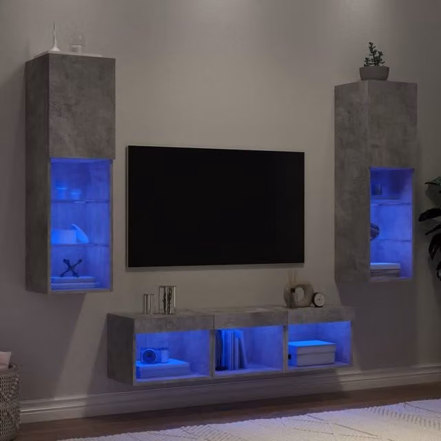 Berkfield Home 5 Piece Modern Wall Mounted TV Unit Set with Integrated LED Lighting in Matt Concrete Grey MDF – 1