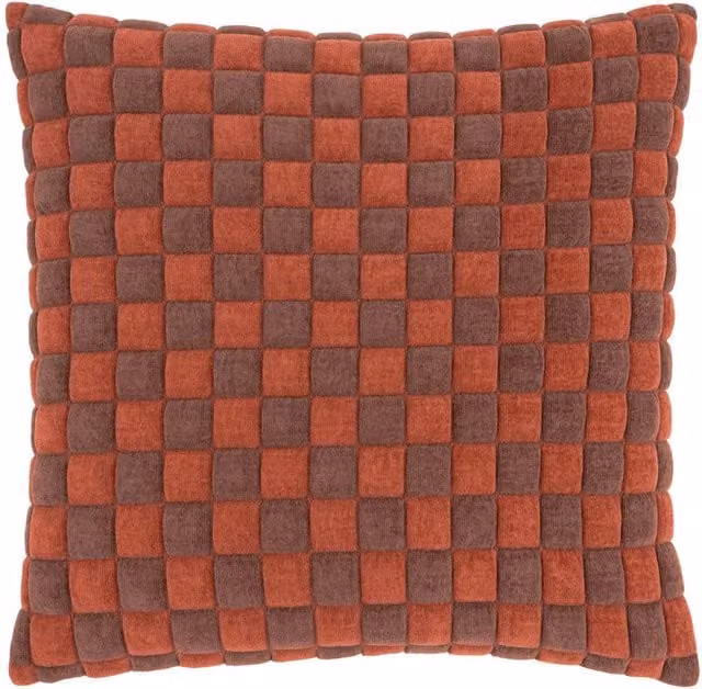 Furn Softie Checked Plush Quilted Cushion in Terracotta Orange, W/D/H: 50 x 50 x 50 cm