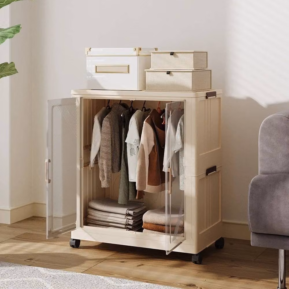 KORVIXA Plastic Double Door Wardrobe in Beige with Hanging Rod – 3
