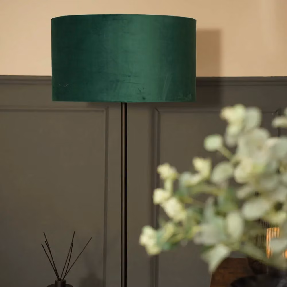 ValueLights Tavel Modern Floor Lamp with Brushed Matt Black Metal Base and Bottle Green Velvet Shade – 3