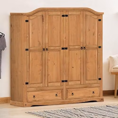 Mercers Furniture Corona 4 Door 2 Drawer Wardrobe in Brown Waxed Pine, W/D/H: 191 x 51 x 190 cm