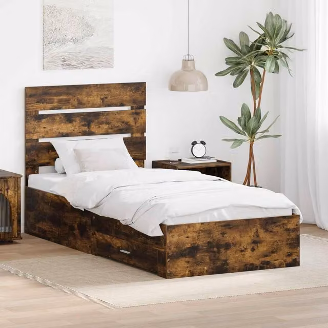 Berkfield Home Modern Bed Frame in Smoked Oak and Silver, W: 75 cm, L: 190 cm
