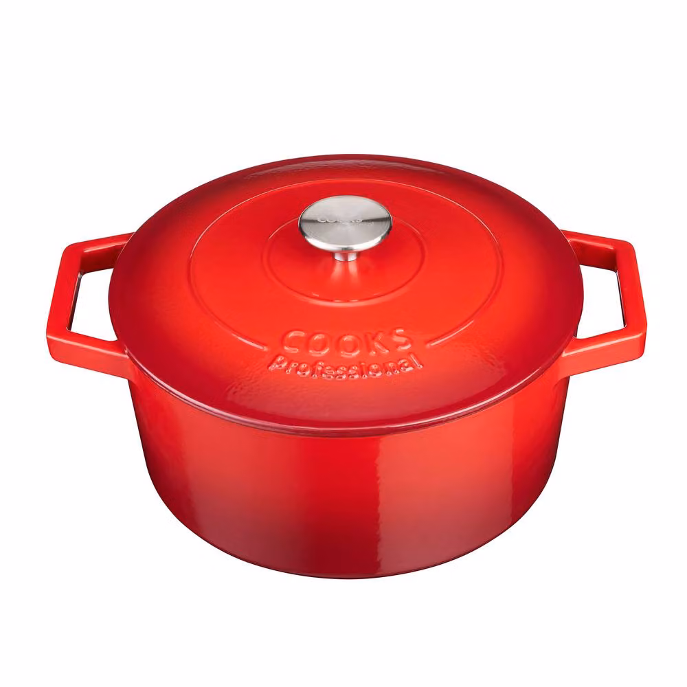 Cooks Professional 5 Piece Enamelled Cast Iron Casserole Dish, Frying Pan and Skillet Set in Red – 4