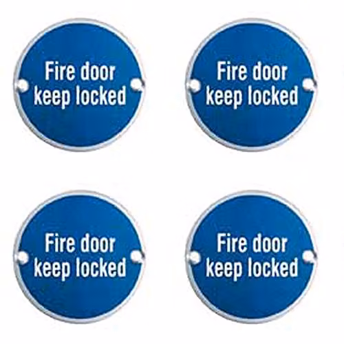 Loops 4 Pack Fire Door Keep Locked Sign in Polished Stainless Steel, Diameter: 7.6 cm, Fixing Centres: 6.4 cm
