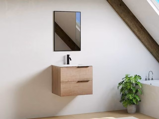 Vente-unique Wall-Mounted Bathroom Vanity Unit with Inset Basin in Light Oak