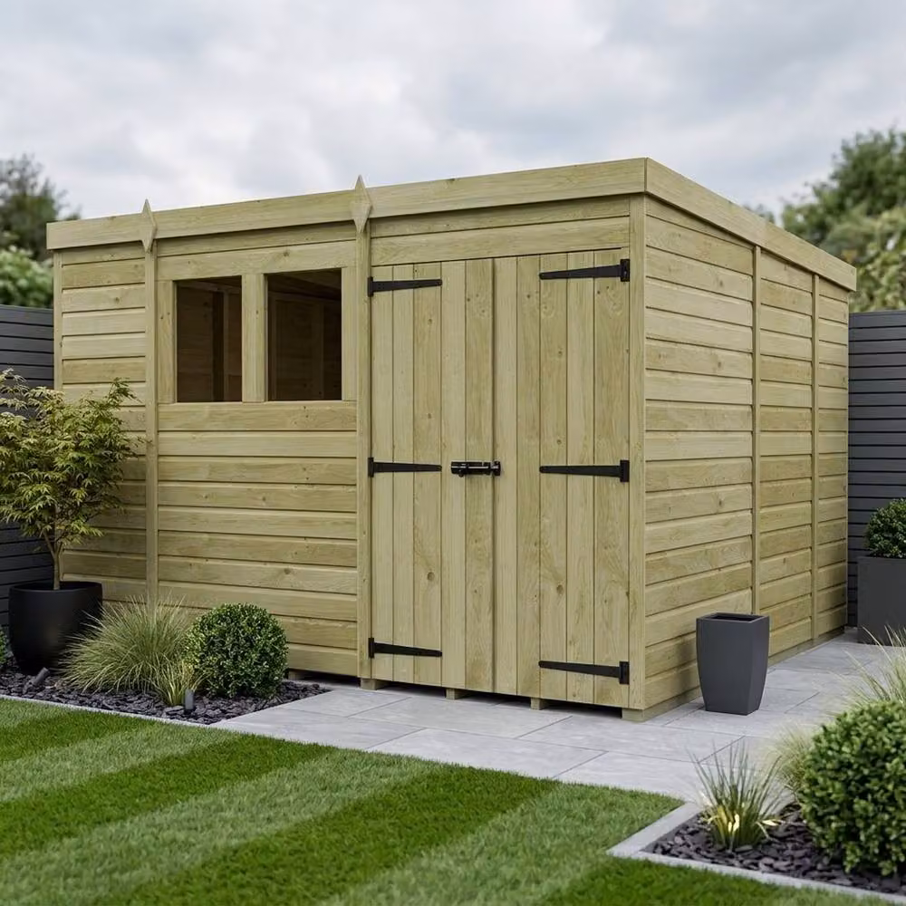 Buttercup Farm Rustic Pent Garden Shed with Double Doors and Windows in Brown Pine Wood W/D/H: 304.8 x 274 x 210 cm – 2