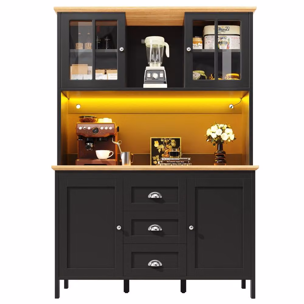 Matteo Black MDF Tall Sideboard Kitchen Cabinet with LED, 4 Doors and 3 Drawers – 5