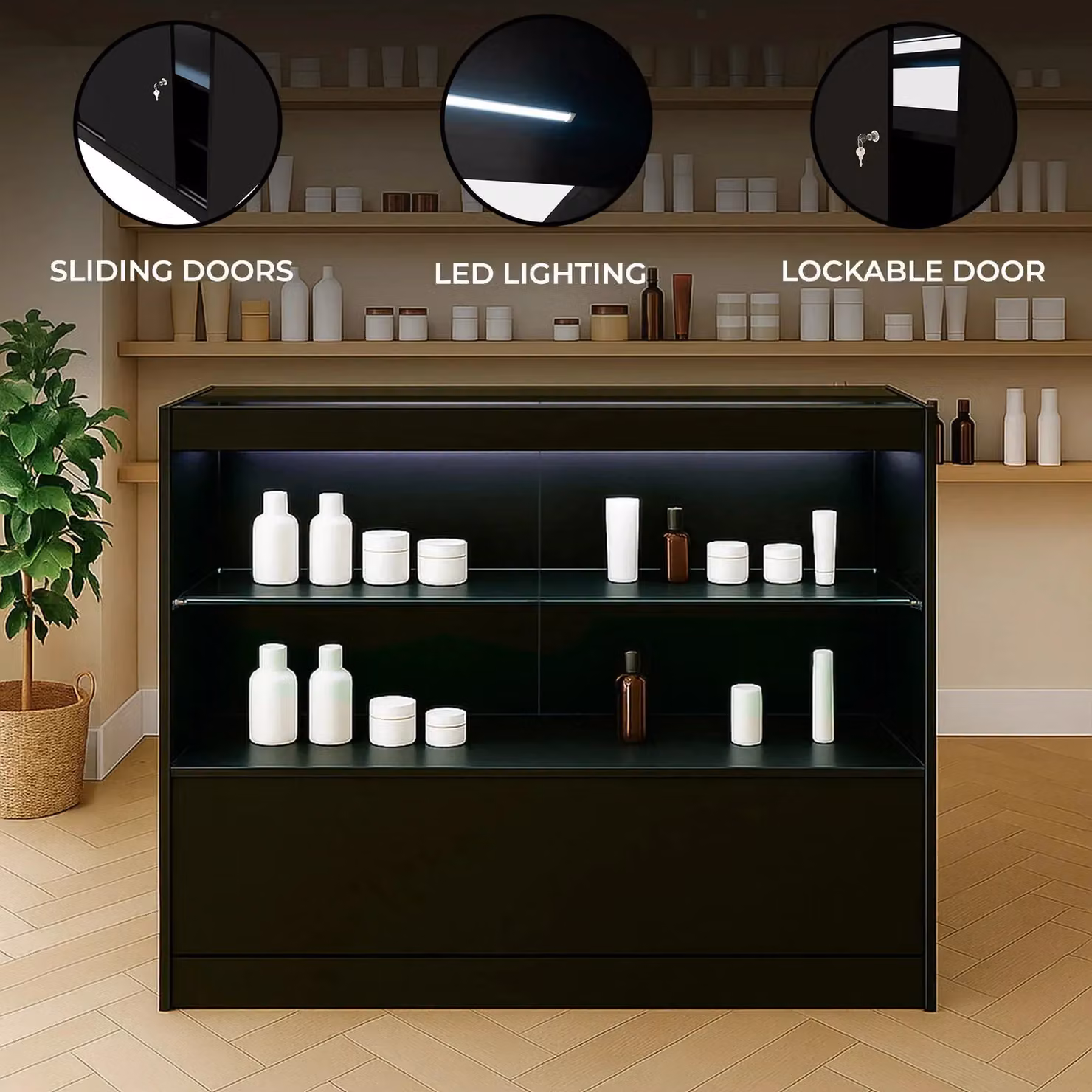 Monstershop C1200 LED Retail Shop Counter with Sliding Glass Doors and Integrated Lighting, Black – 2