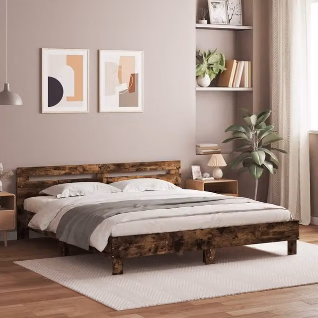 Berkfield Home Super King Bed Frame with LED Under-Bed Lighting and USB Charging Port in Smoked Oak Brown, W/D/H: 180 x 200 cm