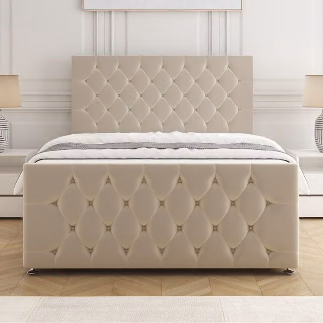 BSSPOKE Maya Divan Bed Set with 24 inch Headboard and Mattress in Cream Plush Velvet, Single, W/D/H: 90 x 190 cm