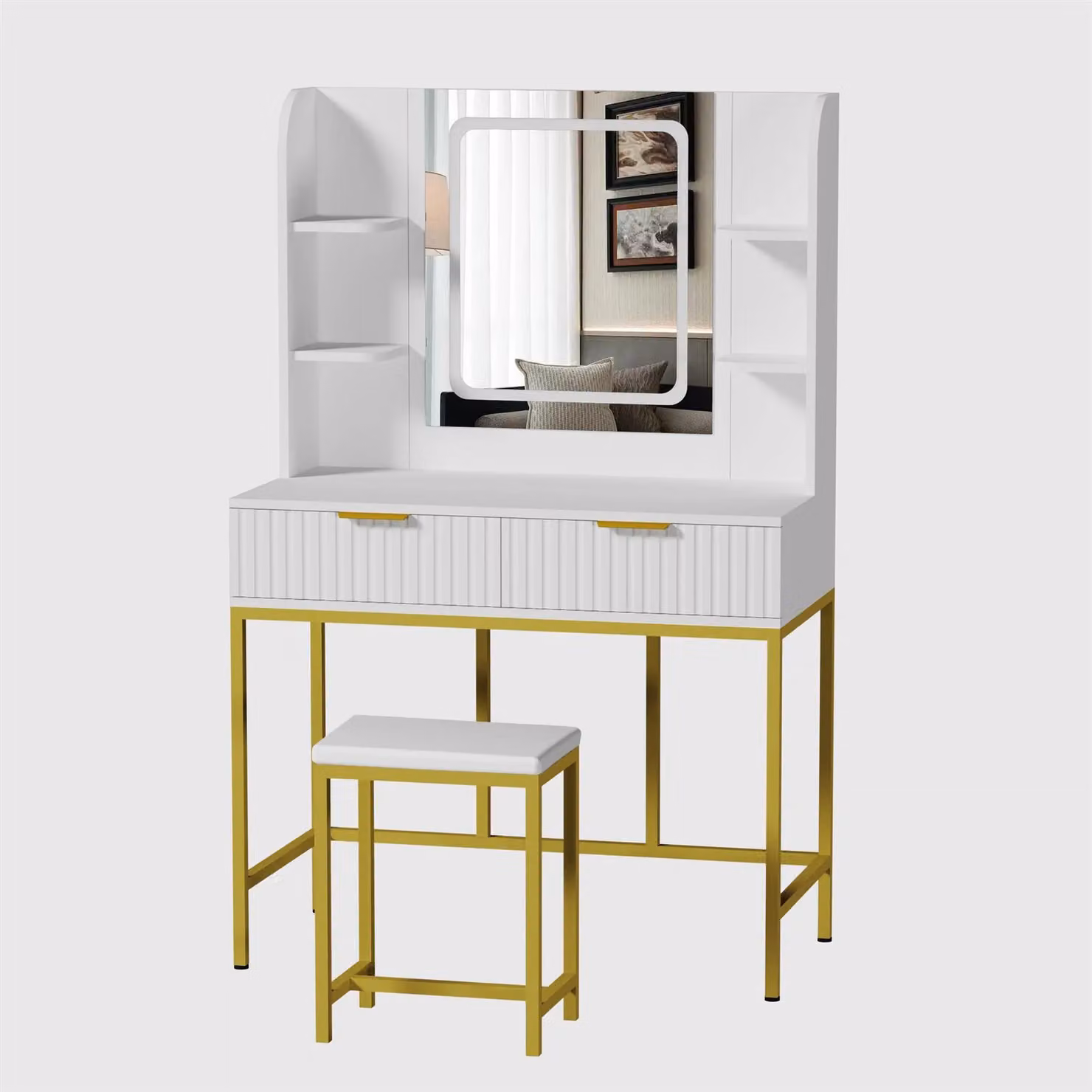 KOSY KOALA Modern Dressing Table Set with LED Mirror and Stool in White and Gold, W: 140 cm, D: 40 cm, H: 90 cm – 2