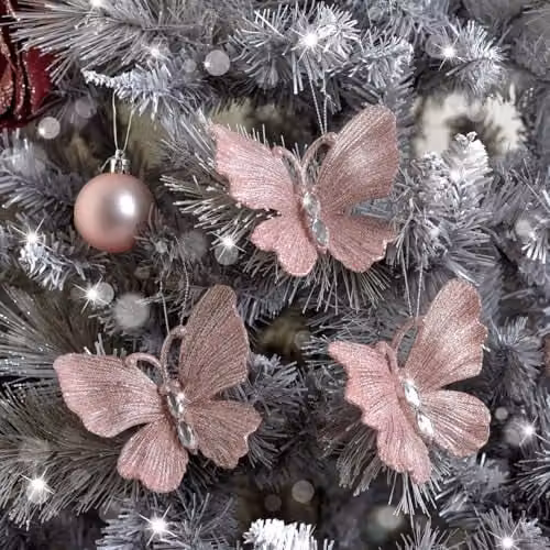 Melody Maison Set of 3 Pink and Silver Glitter Jewelled Butterfly Christmas Hanging Decorations, 10 cm