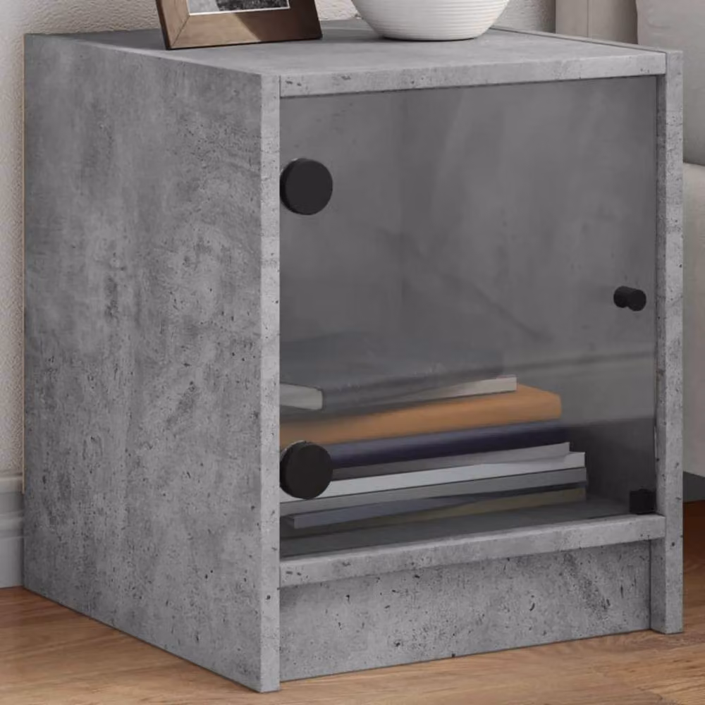 Berkfield Home Bedside Cabinets with Glass Doors, 2 Pieces, Concrete Grey, W/D/H: 35 x 37 x 42 cm – 2