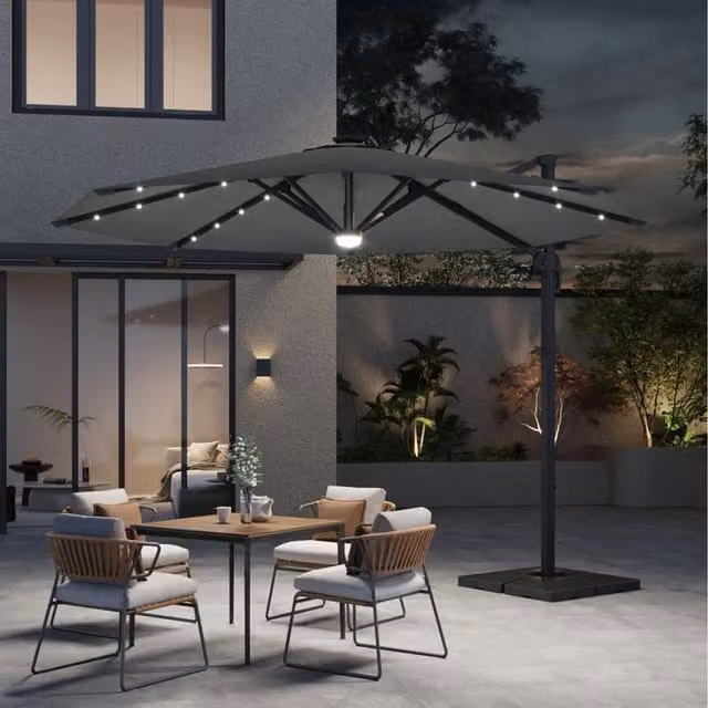 Breeins LED Cantilever Parasol with Crank and Rotating Base in Dark Grey