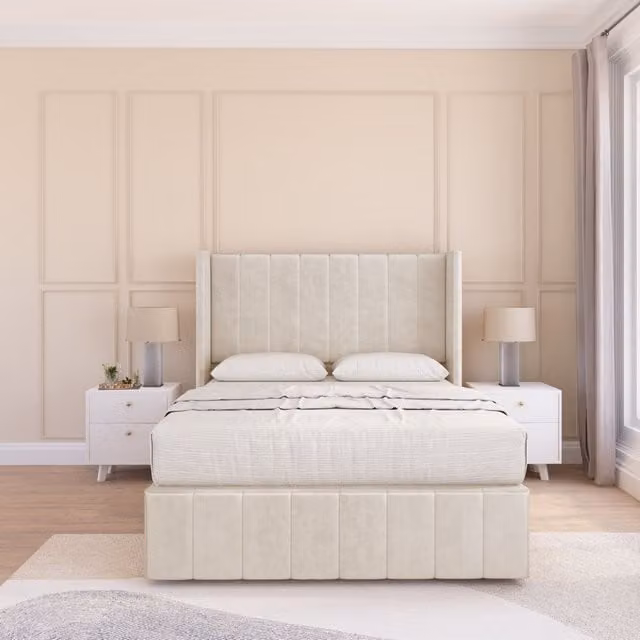 Sloomy Melbourne Plush Velvet Wingback Bed Set with 2 Drawers and Floor Standing Headboard in Beige, W/D/H: 140 x 200 cm