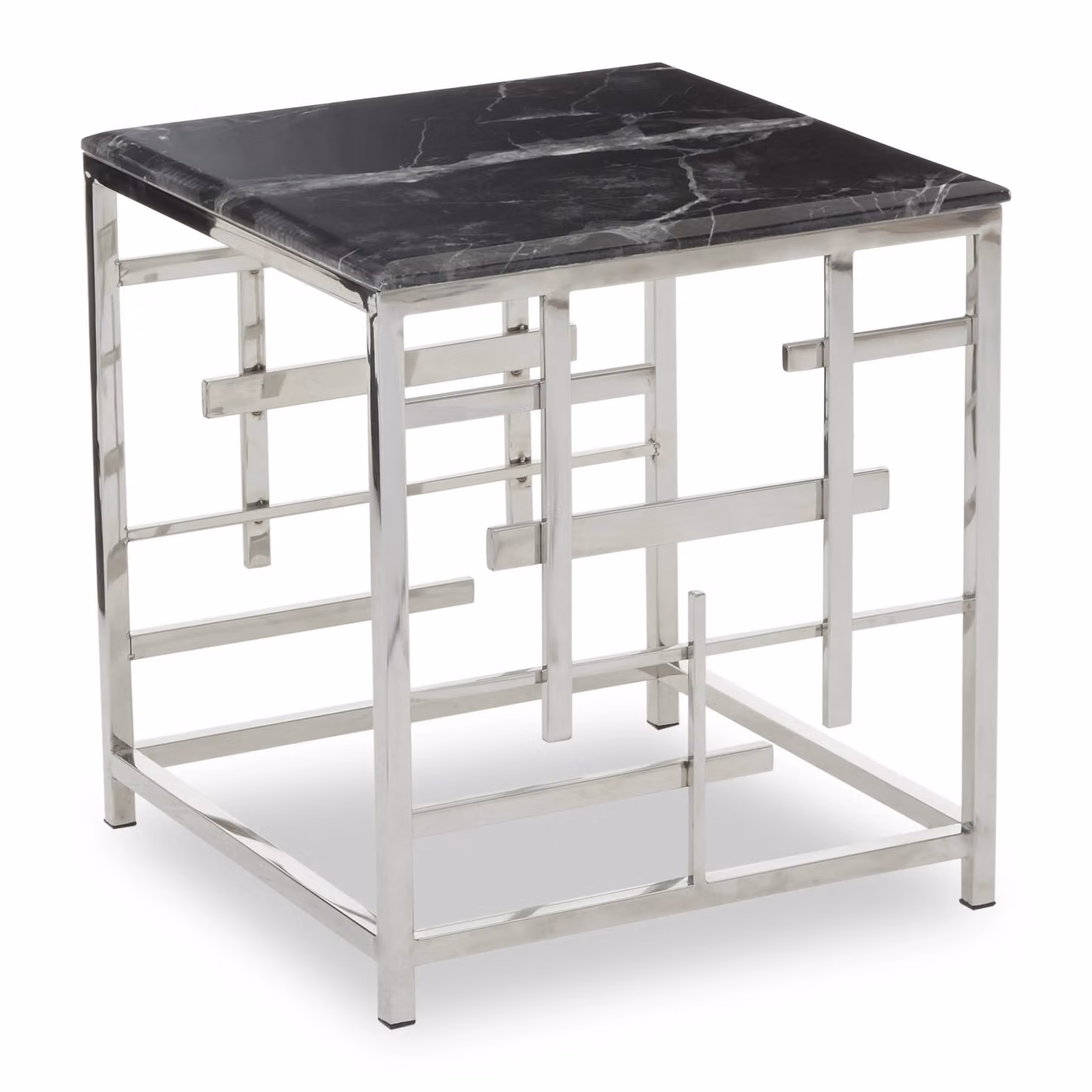 Orsina Modern Black Marble Side Table with Silver Finish, W/D/H: 50 x 50 x 55 cm – 2
