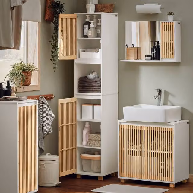 SoBuy Slim White Bathroom Tall Cabinet with Bamboo Hinged Doors and Internal Shelves