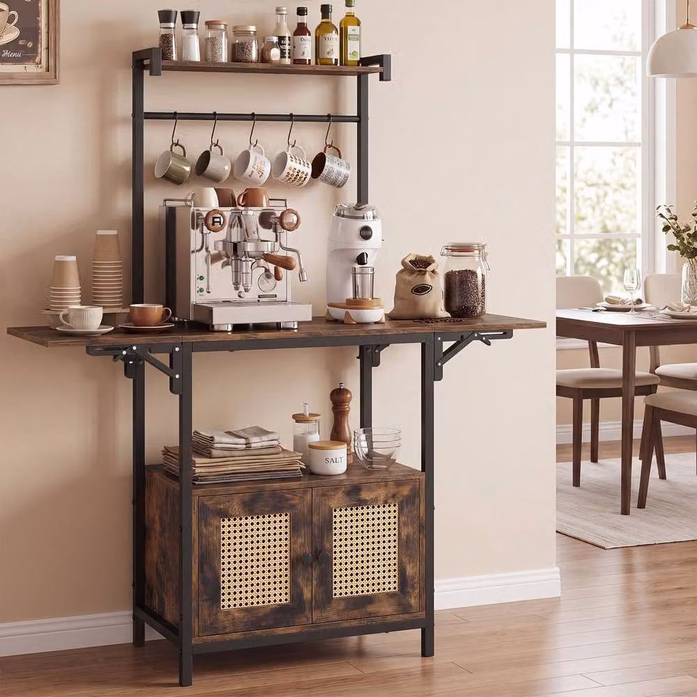 Costway Bakers Rack Microwave Stand with Drop Leaf and Rattan Details in Brown – 3