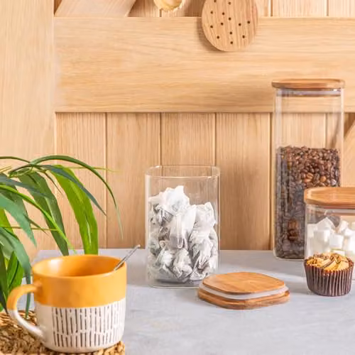Argon Tableware 4 Pack Square Glass Storage Jars with Airtight Wooden Lids, 1.1 l, Transparent – 2