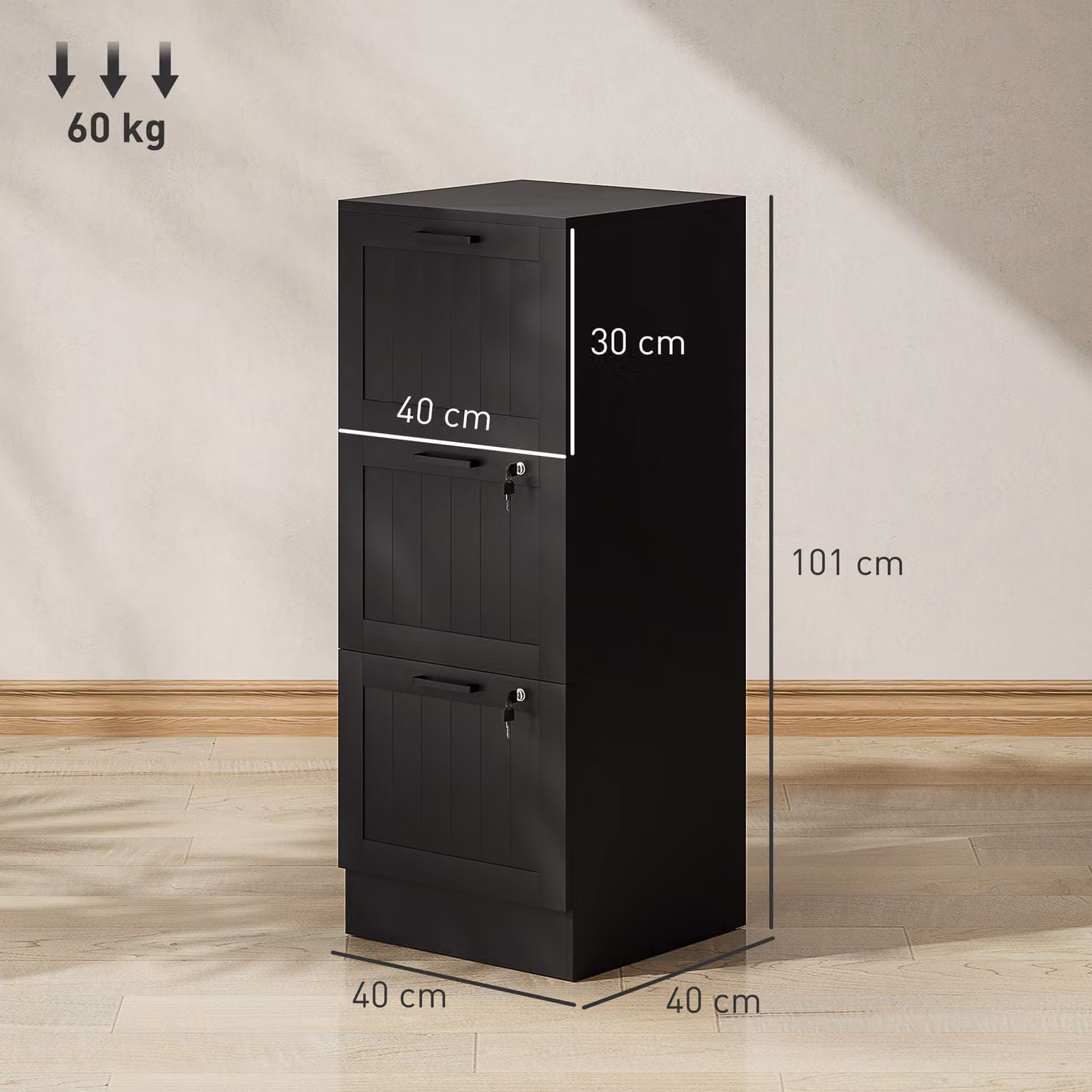 HOMCOM 3 Drawer Black Metal Filing Cabinet with Lock and Adjustable Hanging Bars for A4 and Letter Size Files – 3
