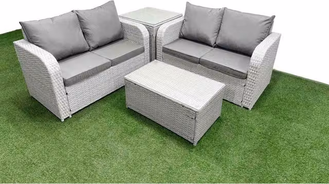 Fimous 4 Seater Outdoor Love Sofa Set with Rectangular Coffee Table and Side Table in Light Grey and Dark Grey Fabric