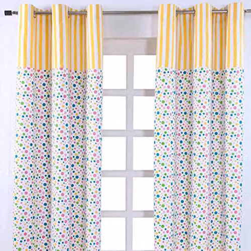 HOMESCAPES Polka Dot Unlined Eyelet Curtain Pair in Blue, Yellow and White, Width: 137 cm, Drop: 182 cm