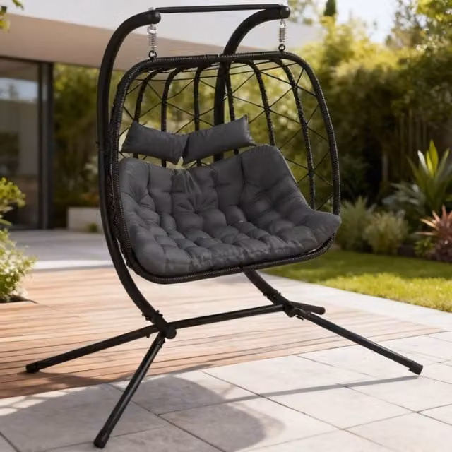 ERGOVEXA Two-Seater Hanging Egg Chair with Steel Frame, Black, H 189 x W 132 x D 132 cm