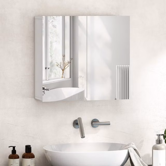 HOMCOM Modern White Wall-Mounted Bathroom Mirror Cabinet with Hinged Glass Doors and Internal Shelves