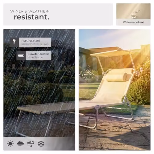 tectake Folding Sun Lounger in Beige with Sun Canopy and Adjustable Headrest, W/D/H: 190 x 68 x 111 cm – 4
