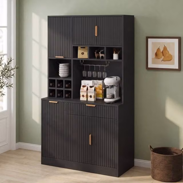 STILVORA Modern Tall Cabinet in Black with Glass Doors and Bottle Rack, H 175 x W 100 x D 40 cm