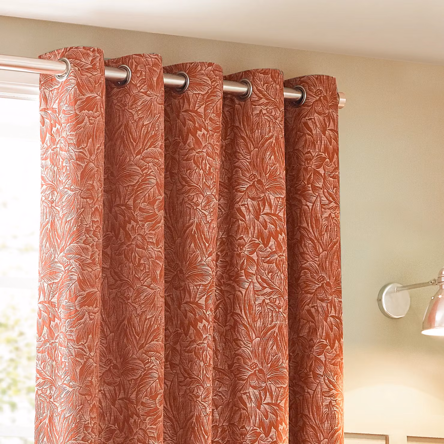 Wylder Nature Grantley Floral Jacquard Eyelet Curtain Pair in Burnt Orange, Width: 117 cm, Drop: 137 cm – 3