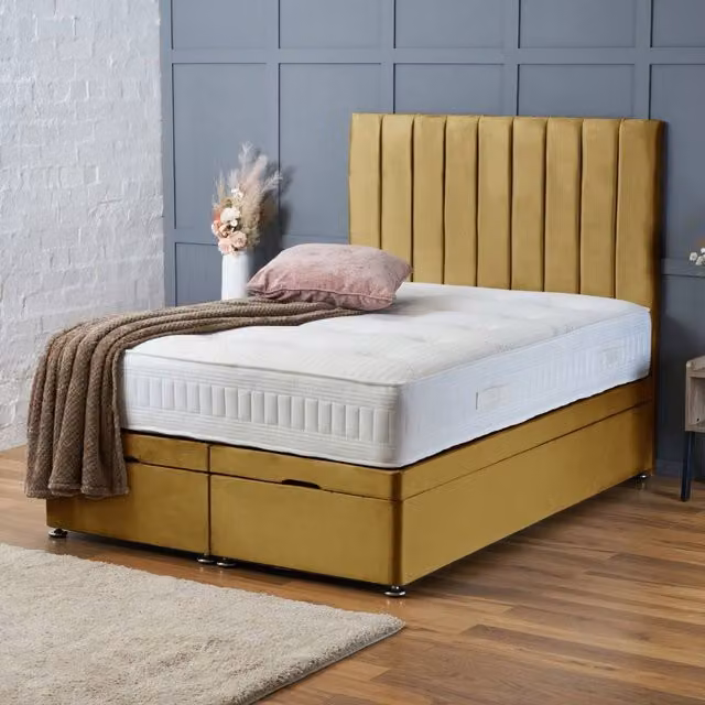 BSSPOKE Aria Ottoman Divan Bed with Plush Velvet Panel Headboard in Mustard Yellow, Super King, W/D/H: 200 x 200 cm