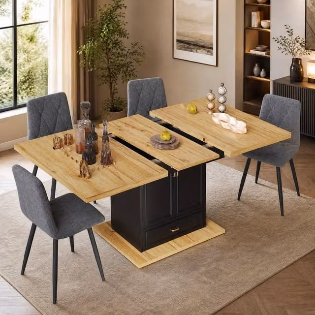 STILVORA Extendable Rectangular Dining Table in Black with Storage and Metal Mechanism, W/D/H: 110 x 80 x 75 cm